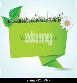 Origami Paper Speech Bubble Concept - Eco Label, Design Layout, Web Template with Leaves, Green Grass, Flower and Place for Your Text , Vector Format Stock Vector