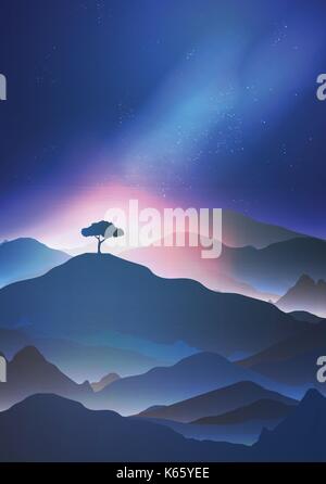 Starry Night in the Mountains with a Lone Tree - Vector Illustration Stock Vector