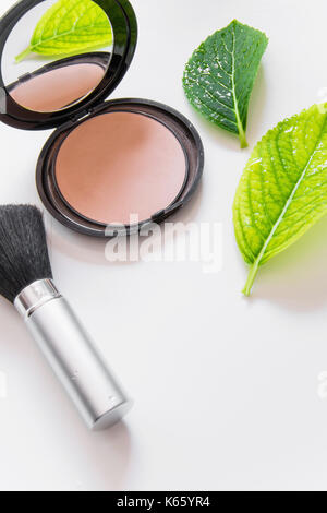 Face powder and a brush on white background with green leaves Stock Photo