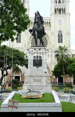 GUAYAQUIL, ECUADOR - FEBRUARY 15, 2017: Simone Bolivar Statue in Seminario Park. Seminario Park is also known as the Iguana Park, since dozens of igua Stock Photo