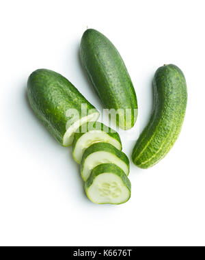 Fresh sliced cucumber isolated on white background. Top view of sliced cucumber. Stock Photo