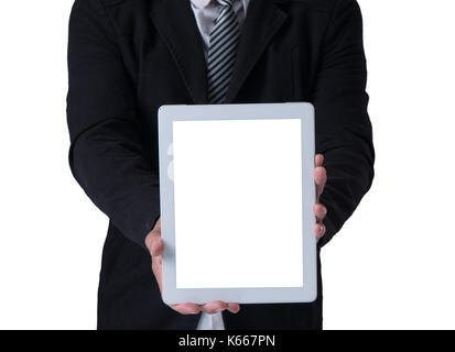 Businessman holding tablet in black suit on white background Stock Photo
