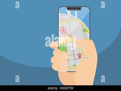 Mobile GPS navigation and routing concept with hand holding modern bezel-free smartphone. Vector illustration with frameless touchscreen displaying a