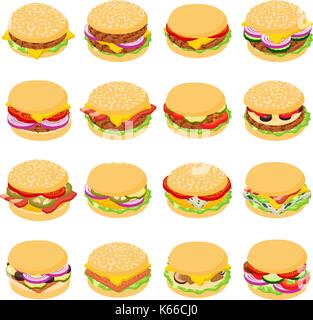 Burger classic icons set, isometric style Stock Vector