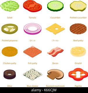 Slice food icons set, isometric style Stock Vector