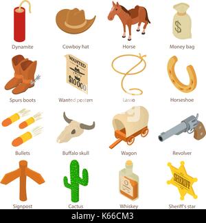 Wild west icons set, isometric style Stock Vector
