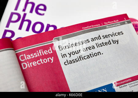 classified local business directory in the BT local telephone directory paper edition Stock Photo