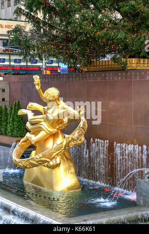 Paul Manship's Golden Statute of Prometheus at the Rockefeller Center, Manhattan, New York - December, 2005. Stock Photo