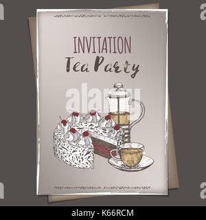 A4 format tea party invitation with color tea press, cup and cake sketch placed on vintage background. Stock Vector