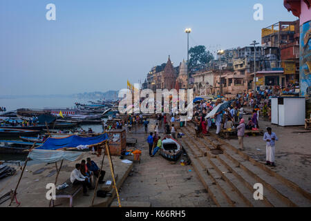 VARANASI, INDIA - CIRCA NOVEMBER 2016: Dasaswamedh Ghat in the Ganges river early morning. The city of Varanasi is the spiritual capital of India, it  Stock Photo