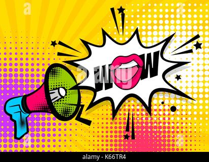 Pop art megaphone pink woman lips WOW Stock Vector