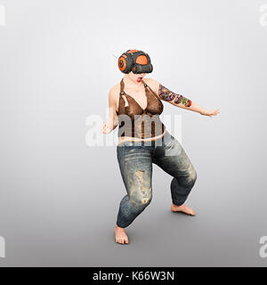 Overweight woman using virtual reality helmet Stock Photo