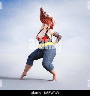 Overweight woman dancing barefoot Stock Photo