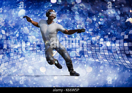 Man wearing virtual reality goggles dancing to music Stock Photo