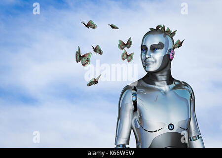 Smiling robot watching butterflies Stock Photo