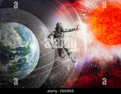 Soldier floating in force field in outer space Stock Photo
