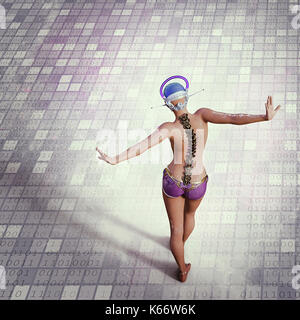 Futuristic woman balancing on binary code floor Stock Photo