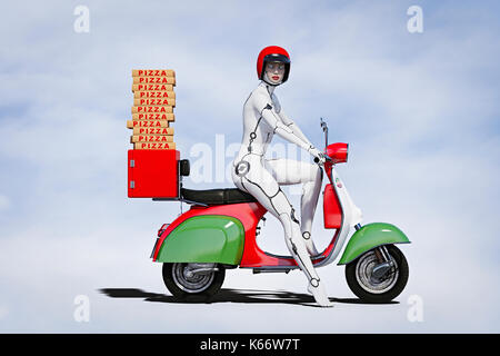 Cyborg woman delivering pizza on motor scooter Stock Photo