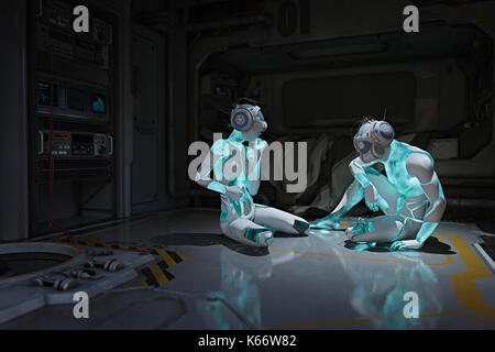 Cyborgs sitting on floor wearing virtual reality helmets Stock Photo