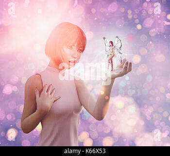 Surprised woman with fairy in hand Stock Photo