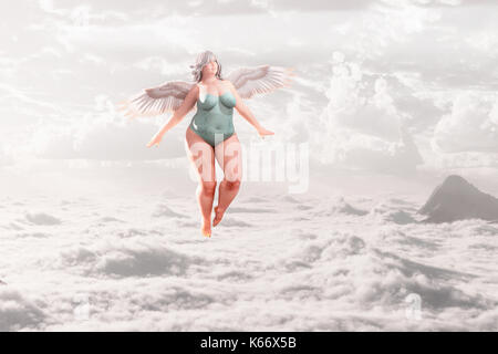 Overweight angel flying in clouds Stock Photo