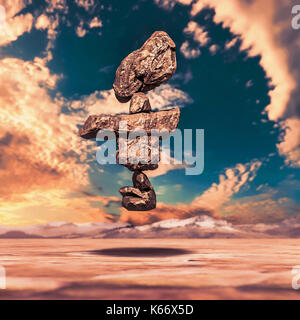 Stack of balancing rocks hovering mid-air Stock Photo