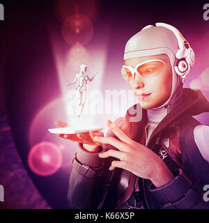 Woman watching cyborg in cell phone hologram Stock Photo