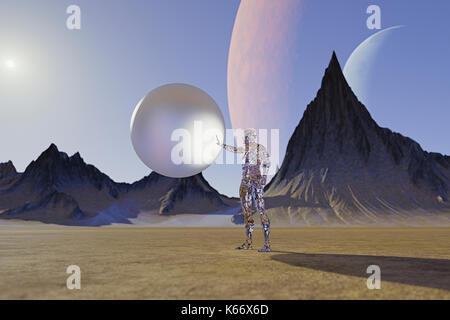 Transparent futuristic man holding sphere Stock Photo