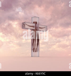 Person in suspended animation inside crucifix Stock Photo