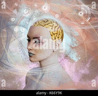 Woman with artificial intelligence brain Stock Photo