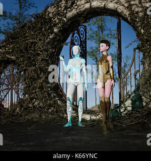 Cyborg and a woman standing in the garden Stock Photo