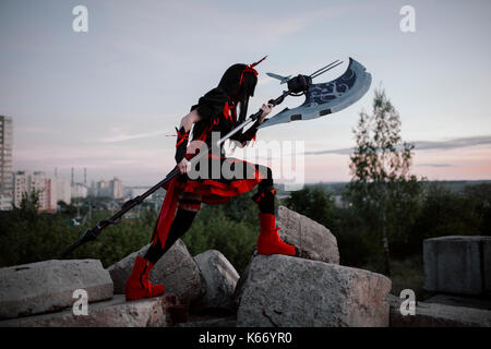 Caucasian woman wearing warrior costume Stock Photo