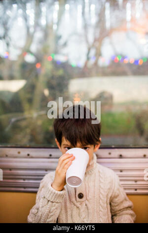 Mixed Race boy drinking from cup near train window Stock Photo