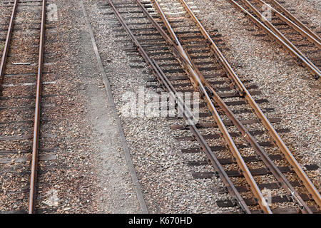 Track of rails with old timber sleepers, top view Stock Photo