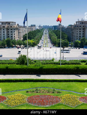 Looking from the Palace of the Parliament eastward along Bulevardul Unirii (Liberty Avenue). Stock Photo