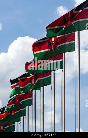 Kenyan flags on poles blowing in the wind on a sunny day, Nairobi, Kenya Stock Photo