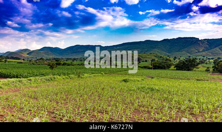 Beautiful landscape view of countryside with lush green mountains and farming field grown under blue sky and white dark clouds Stock Photo