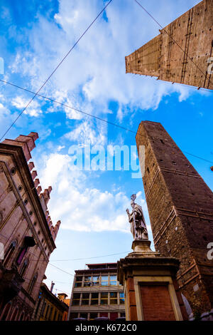 Two Towers (Due Torri), Asinelli and Garisenda, symbols of medieval Bologna towers and Chiesa di San Bartolomeo. Bologna, Emilia-Romagna, Italy Stock Photo