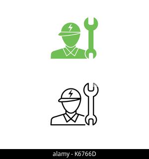 Electric car technician support icon. Technician man and wrench symbol. Eco friendly auto or electric vehicle concept. Vector illustration. Stock Vector