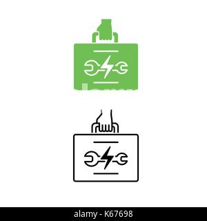 Electric car technician support icon. Technician hand holding tool bag. Eco friendly auto or electric vehicle concept. Vector illustration. Stock Vector