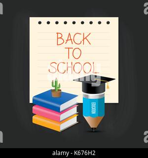 Back to school concept. Graduation cap, pencil, book and cactus over paper note with back to school wording. Stock Vector