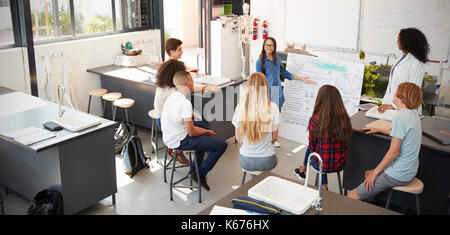 Schoolgirl presenting in front of science class, high angle Stock Photo