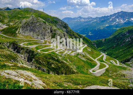 Many hairpin bends of the old road Tremola are leading up to the Passo del San Gottardo, Gotthard Pass Stock Photo