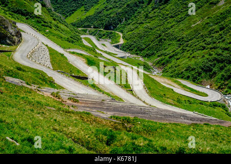 Many hairpin bends of the old road Tremola are leading up to the Passo del San Gottardo, Gotthard Pass