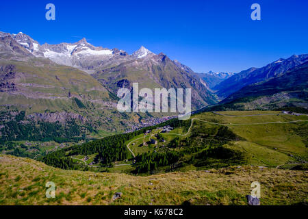 Aerial view on Zermatt, Riffelalp and the Matter Valley, the mountains Zinalrothorn and Weisshorn in the distance Stock Photo