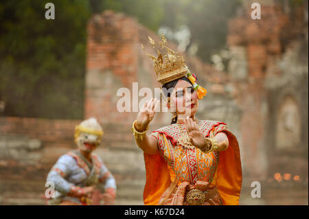 Two dancers performing Thai Khon pantomime, Thailand Stock Photo