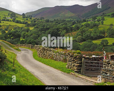 winding rural road with dry stone walls in the Newlands Valley in the Lake District, Cumbria, England,UK Stock Photo