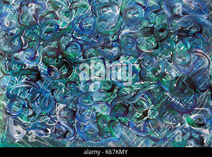 blue and green swirling painted circles on a canvas make for an interesting background or painted texture Stock Photo