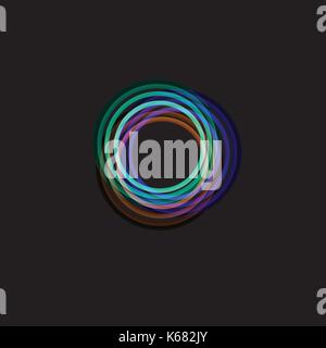 Isolated funnel abstract logo, linear unusual shape, circular line logotype. Luminous hoops, rings, wheel graphic illustration on the black background. Stock Vector