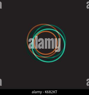 Isolated funnel abstract logo, linear unusual shape, circular line logotype. Luminous hoops, rings, wheel graphic illustration on the black background. Stock Vector